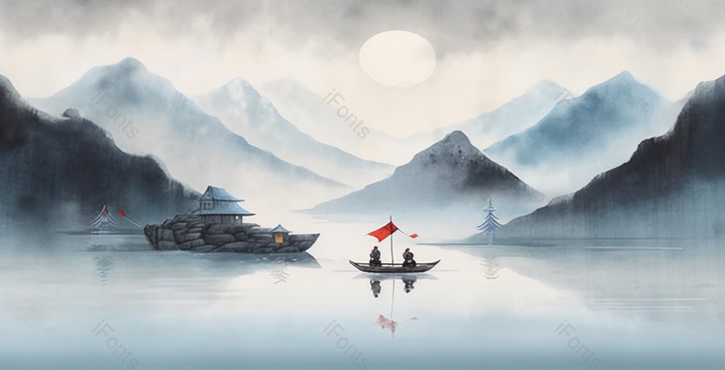 小船钓鱼山川湖泊景色自然意境中国山水国风水墨画背景,插画/手绘图,插画/手绘图库,插画/手绘图下载,插画/手绘